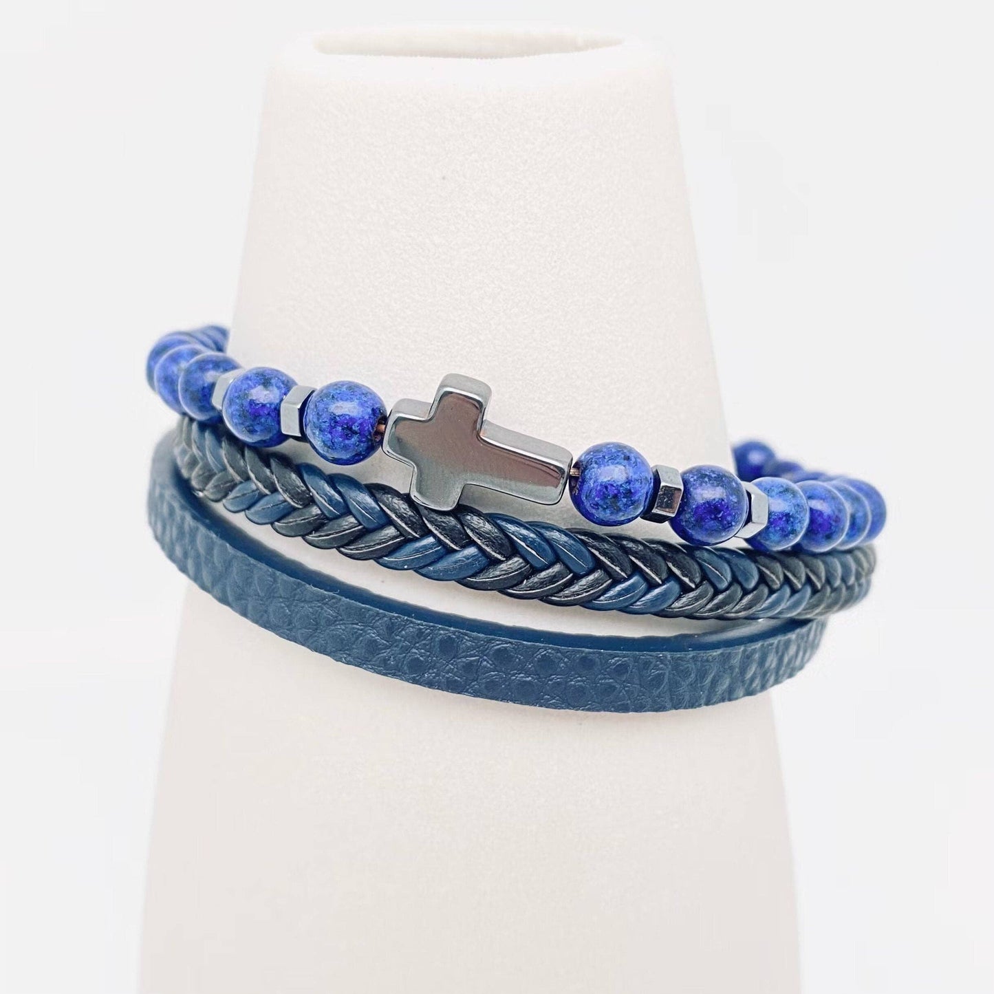 Men’s Natural Stone Beaded Leather Bracelet