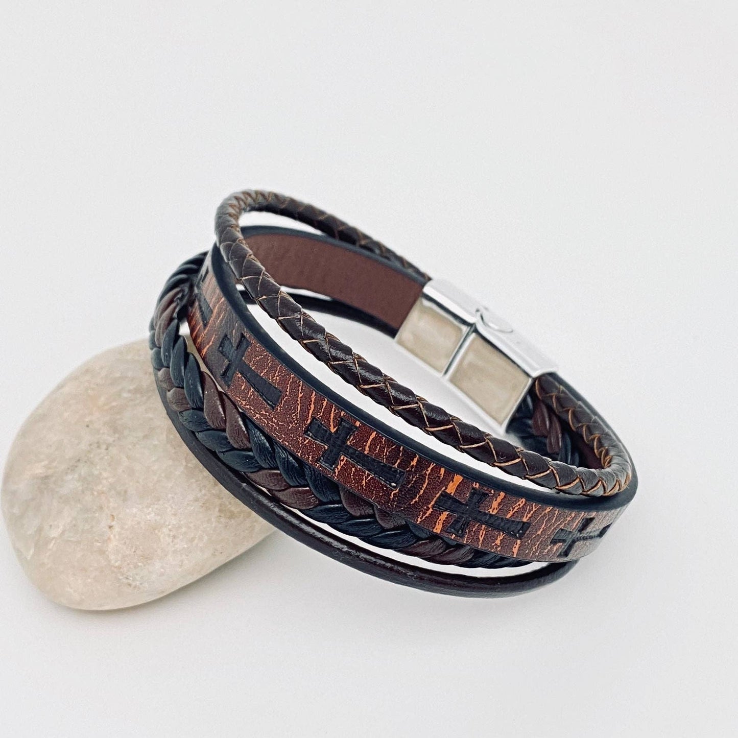 Men's Leather Cross Magnetic Bracelet