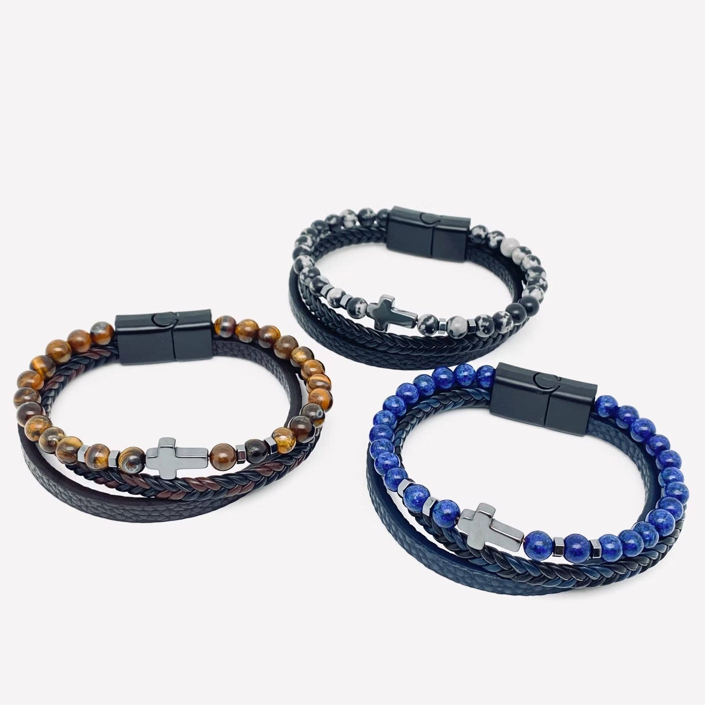 Men’s Natural Stone Beaded Leather Bracelet