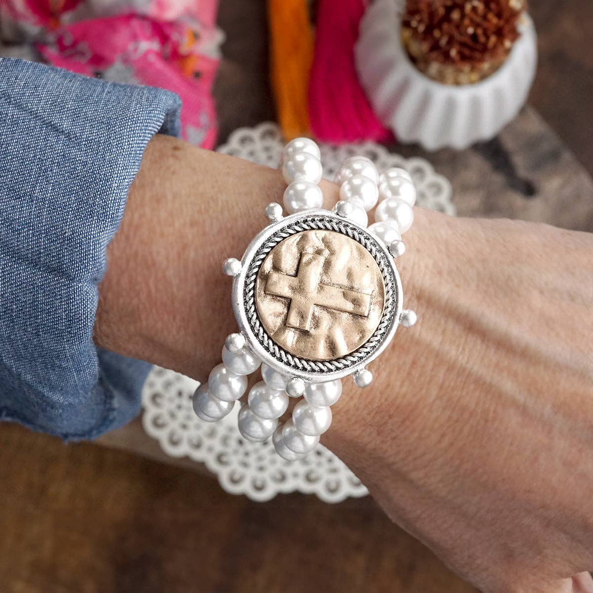 Grace Cross Coin & Pearl Bracelet