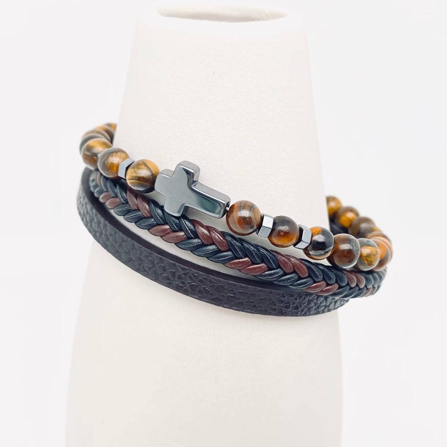 Men’s Natural Stone Beaded Leather Bracelet