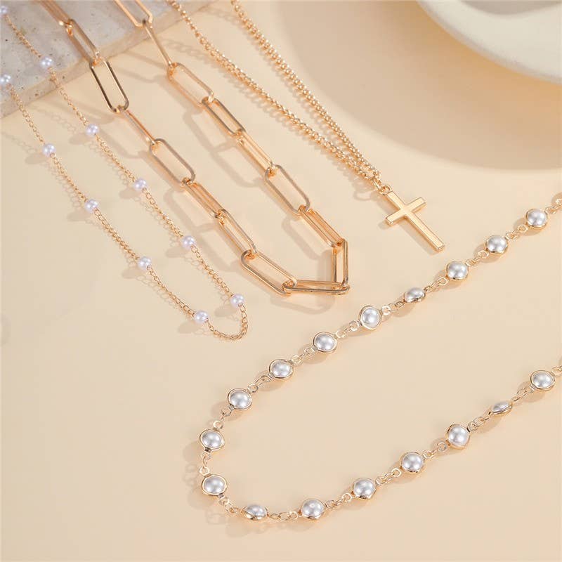 Brette Layered Gold & Pearl Cross Necklace Set