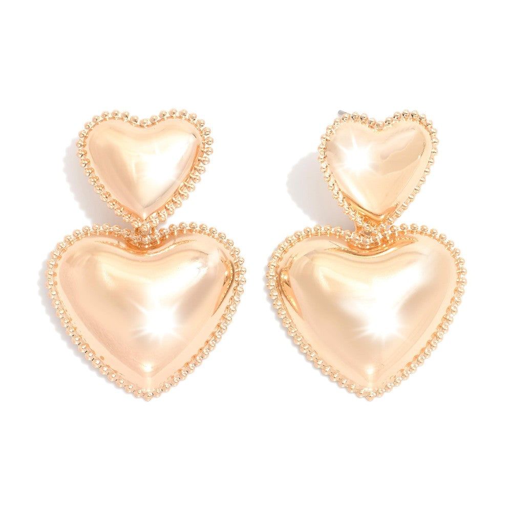 Double Linked Puffy Metal Heart Post Drop Earrings