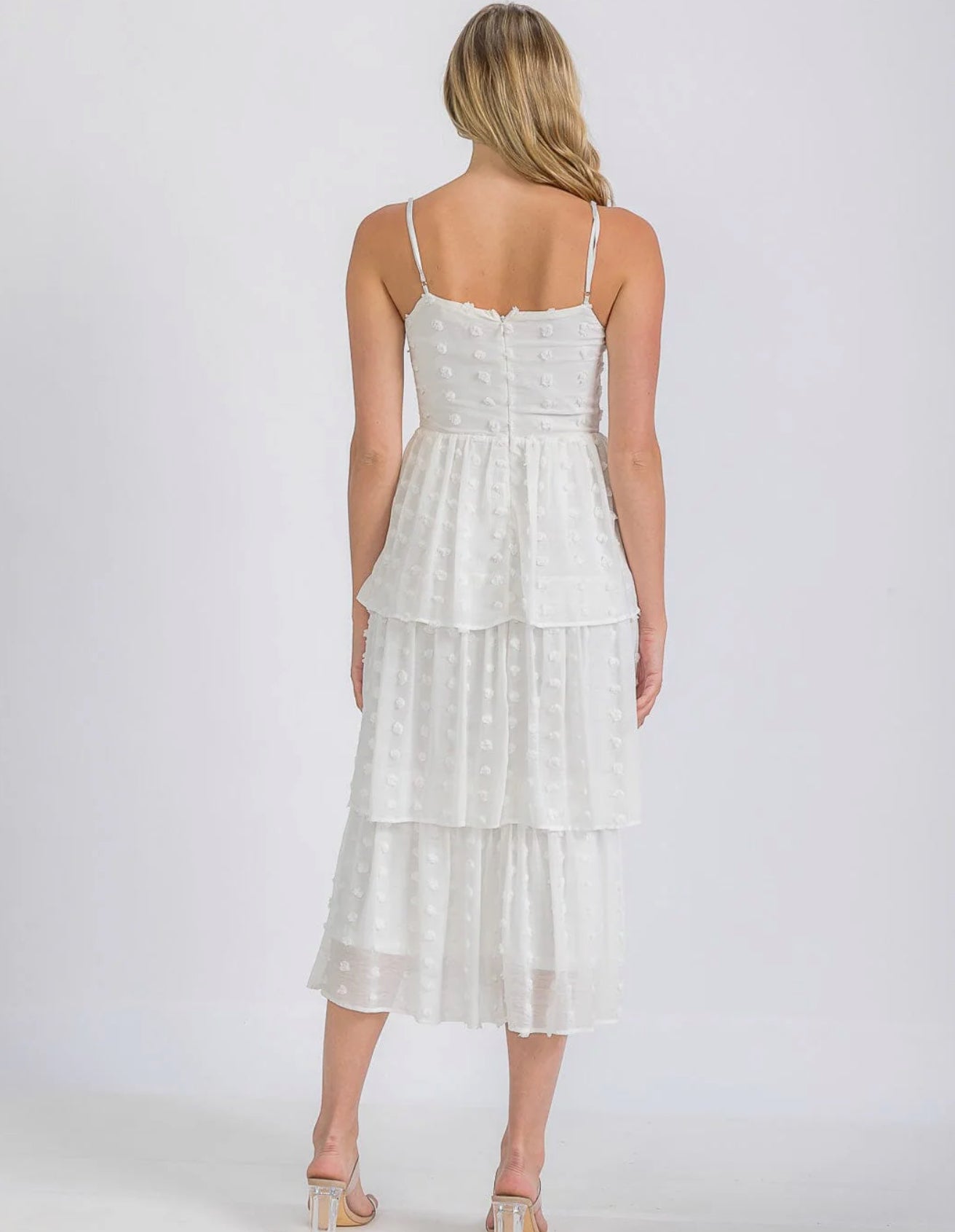 Lynn Tiered Swiss Dot Midi Dress