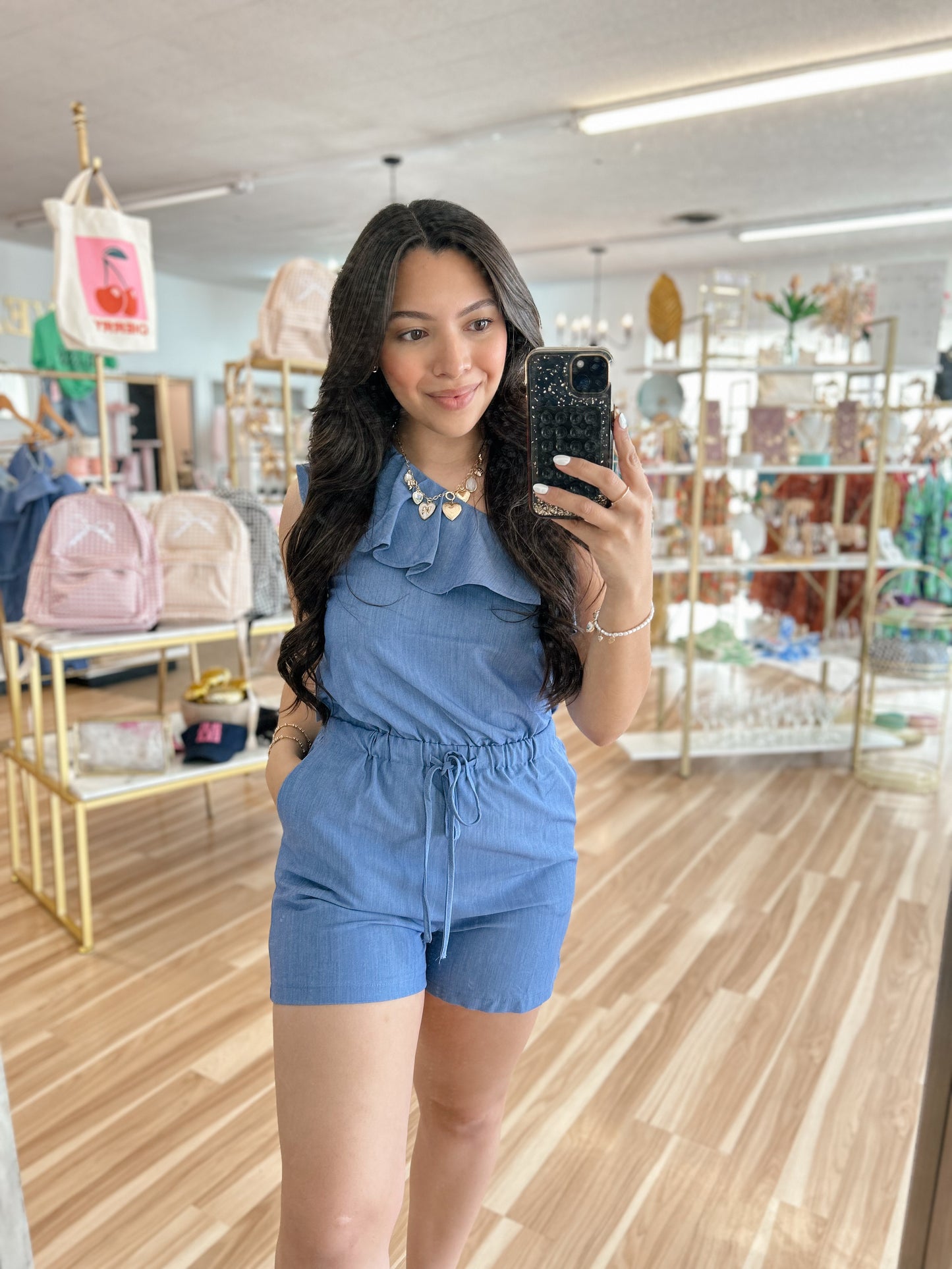 Pamela One Shoulder Chambray Romper
