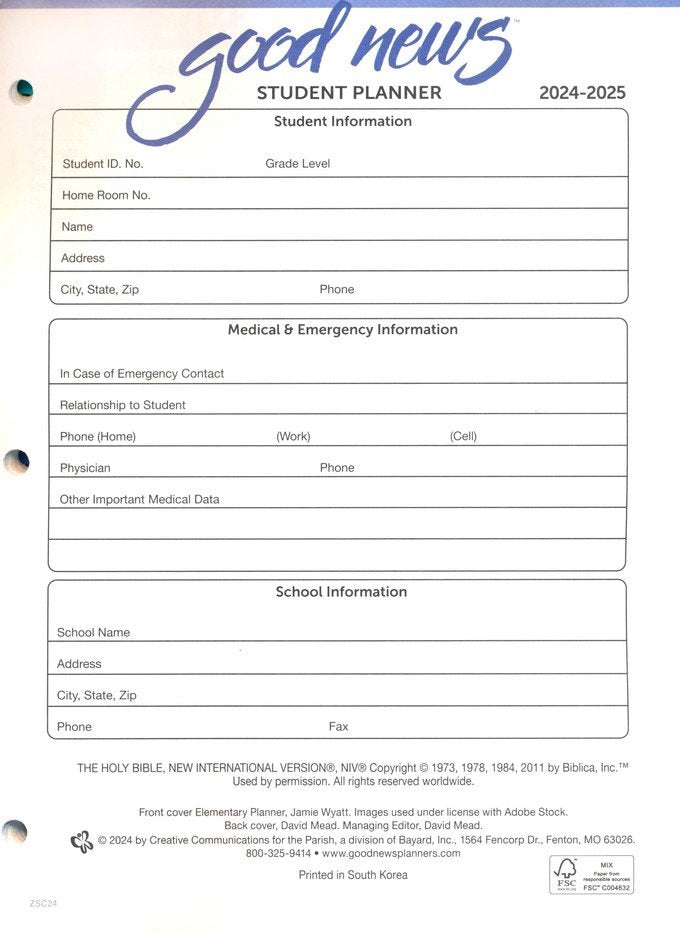 2024-2025 Good News Planner: Elementary Student Christian Edition (Evangelical)