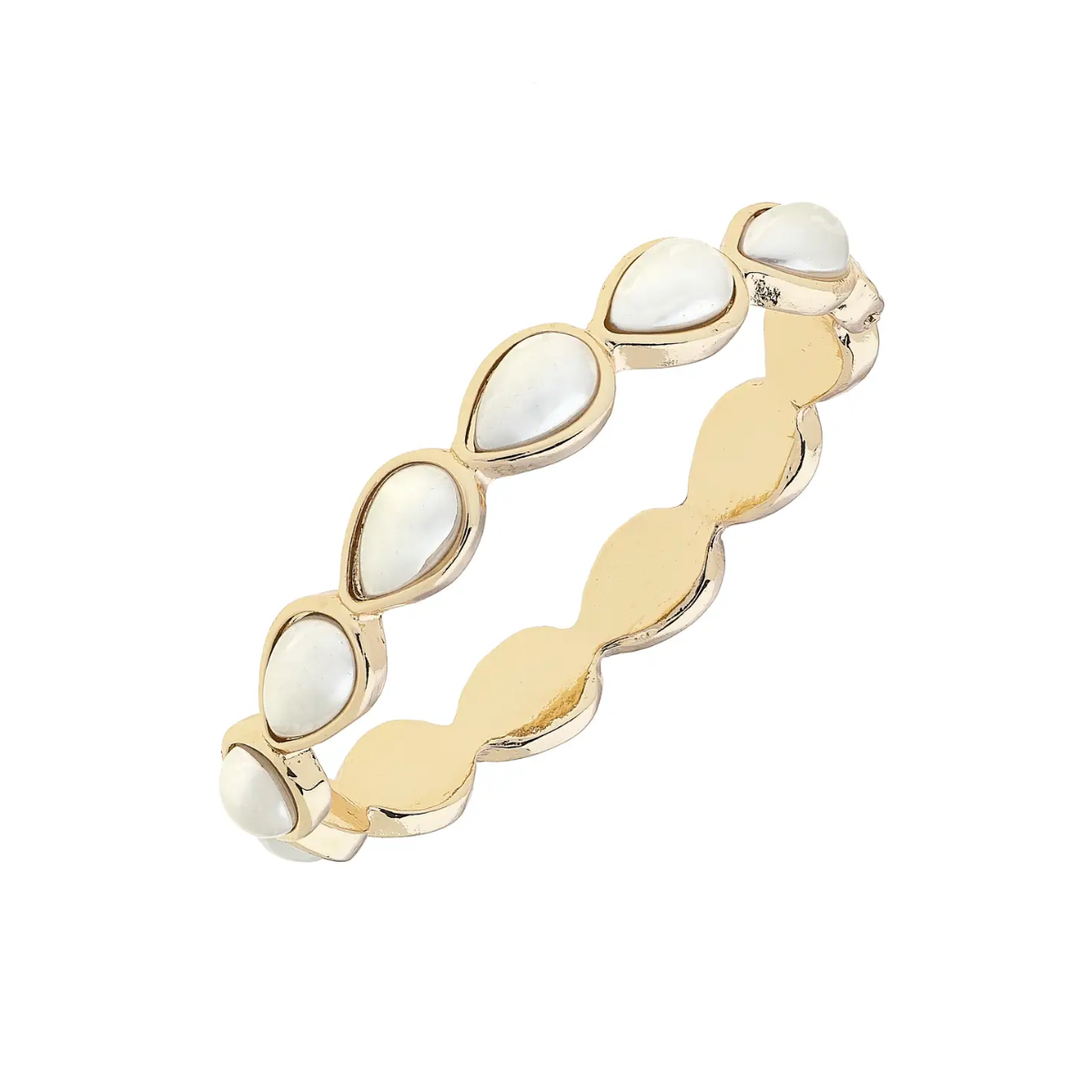 Belle Pearl Teardrop Hinge Bangle in Ivory & Shiny Gold