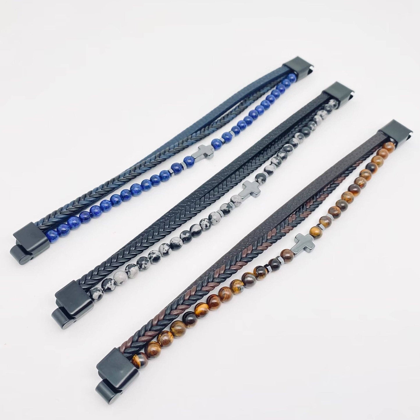 Men’s Natural Stone Beaded Leather Bracelet