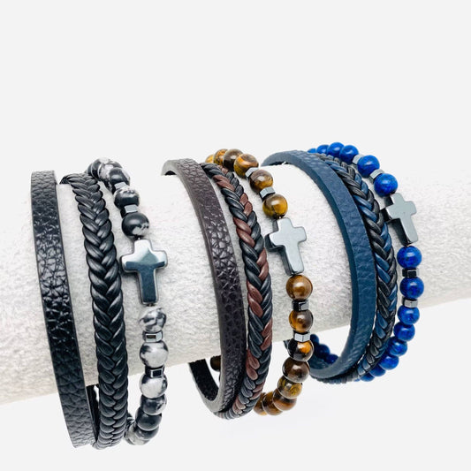 Men’s Natural Stone Beaded Leather Bracelet