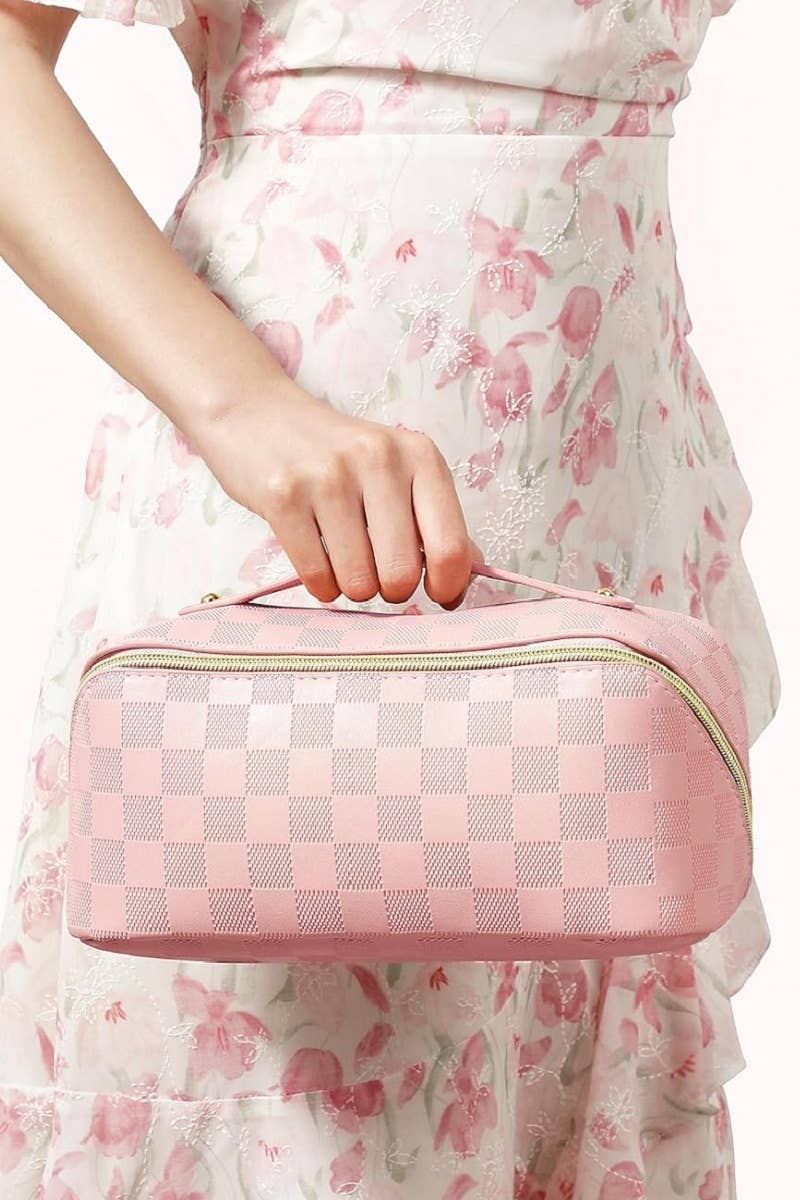 Kelly Pink Checkered Cosmetic Bag
