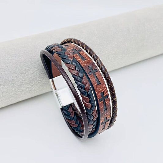 Men's Leather Cross Magnetic Bracelet