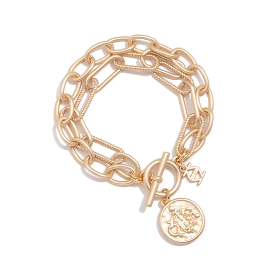 ZENZII Engraved Coin Charm Cable Link Bracelet GOLD