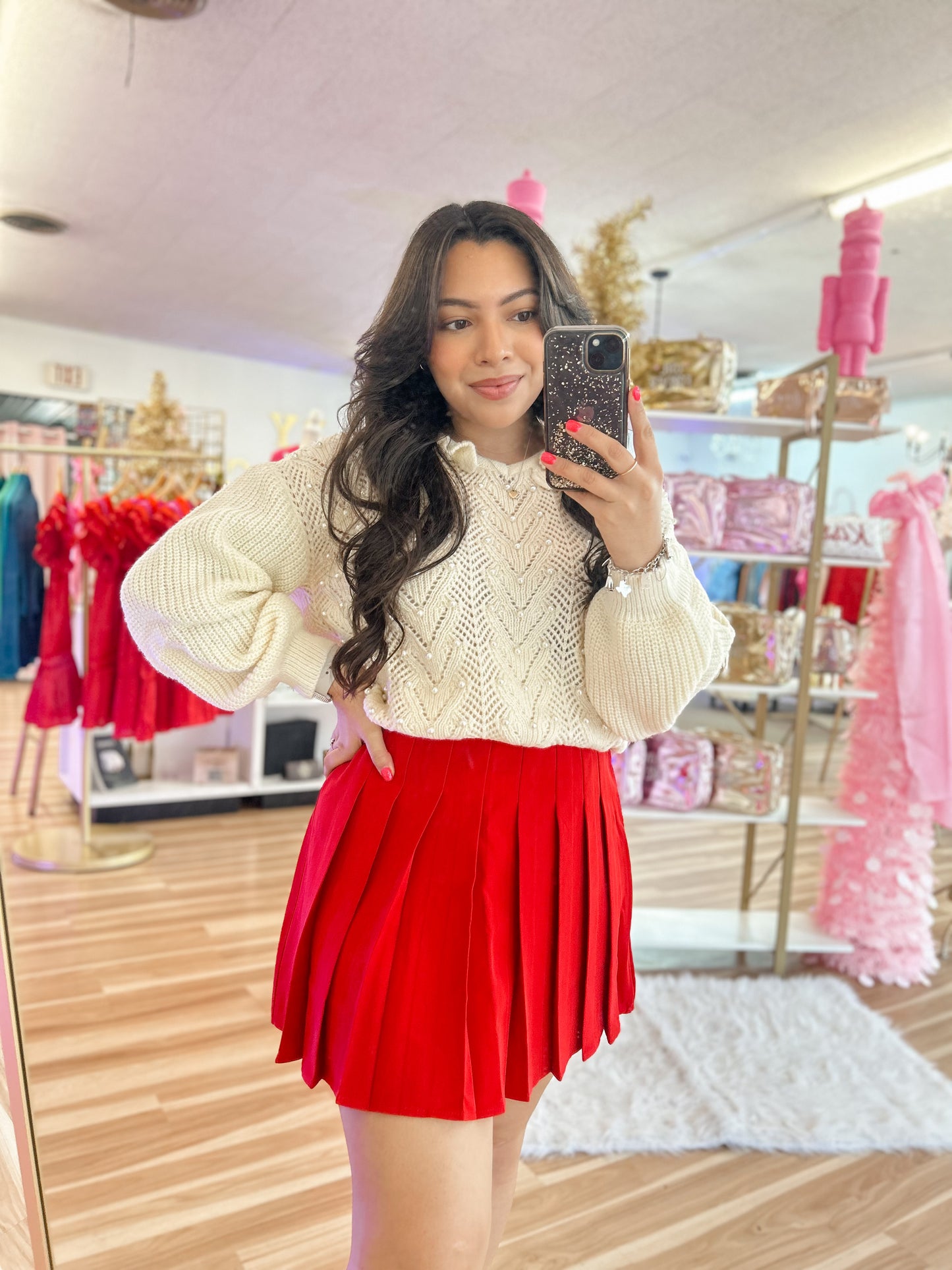 Red Pleated Mini Skirt