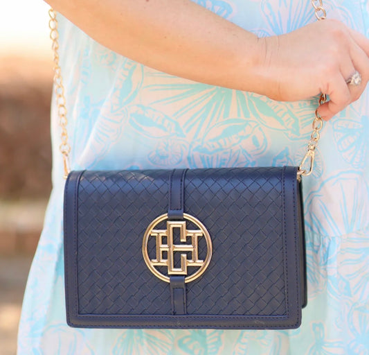 Caroline Hill Cecilia Circle Logo Handbag Woven Navy