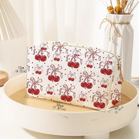 Cherry Bows Corduroy Makeup Pouch