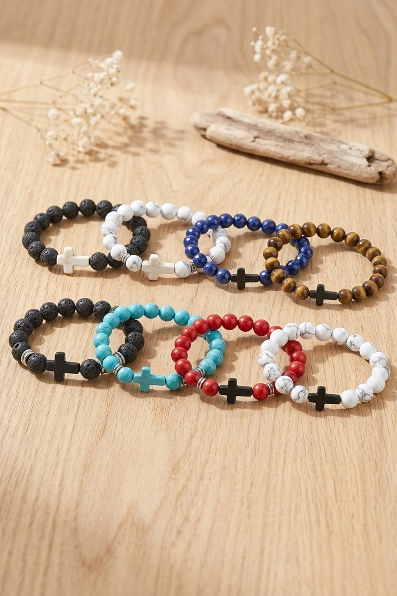 Beaded Assorted Stone Cross Bracelet