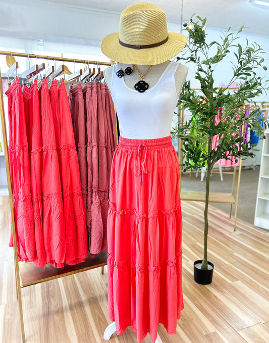 Bright Coral Tiered Maxi Skirt