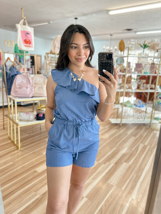 Pamela One Shoulder Chambray Romper