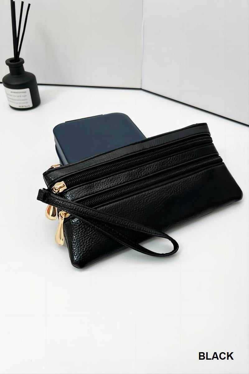 Vegan Leather Triple Zip Wristlet