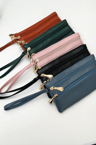 Vegan Leather Triple Zip Wristlet