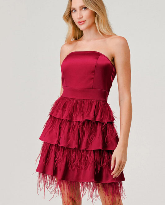 Red Wine Feather Tiered Mini Dress