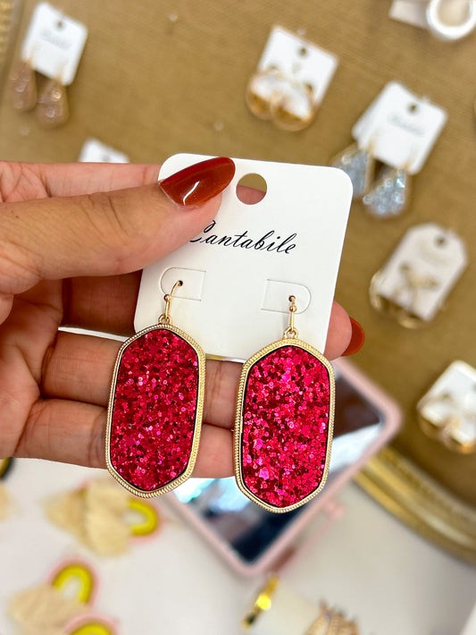 Hot Pink Glitter Oval Earrings