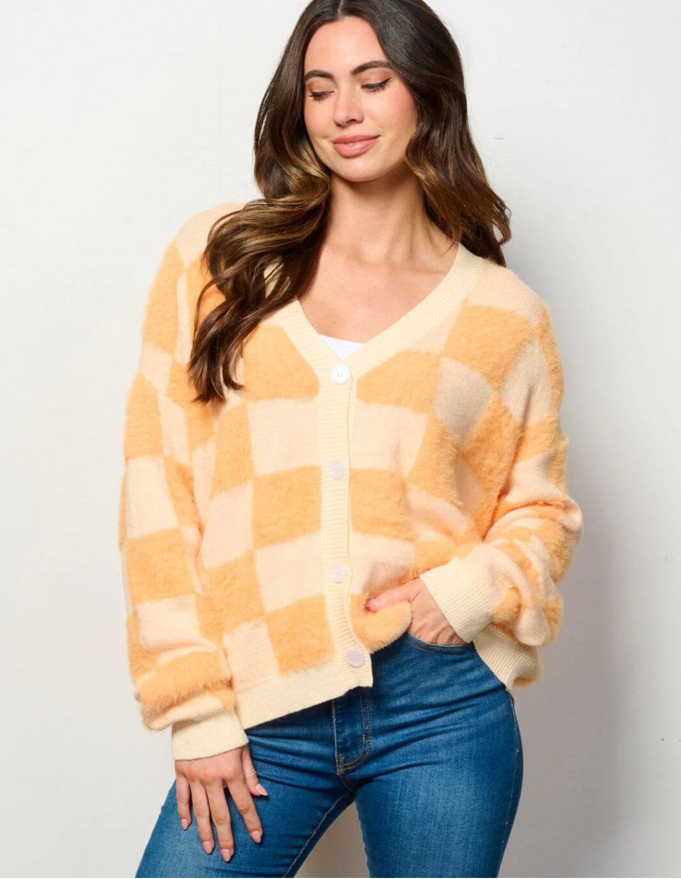 Orange Cream Checkered Cardigan