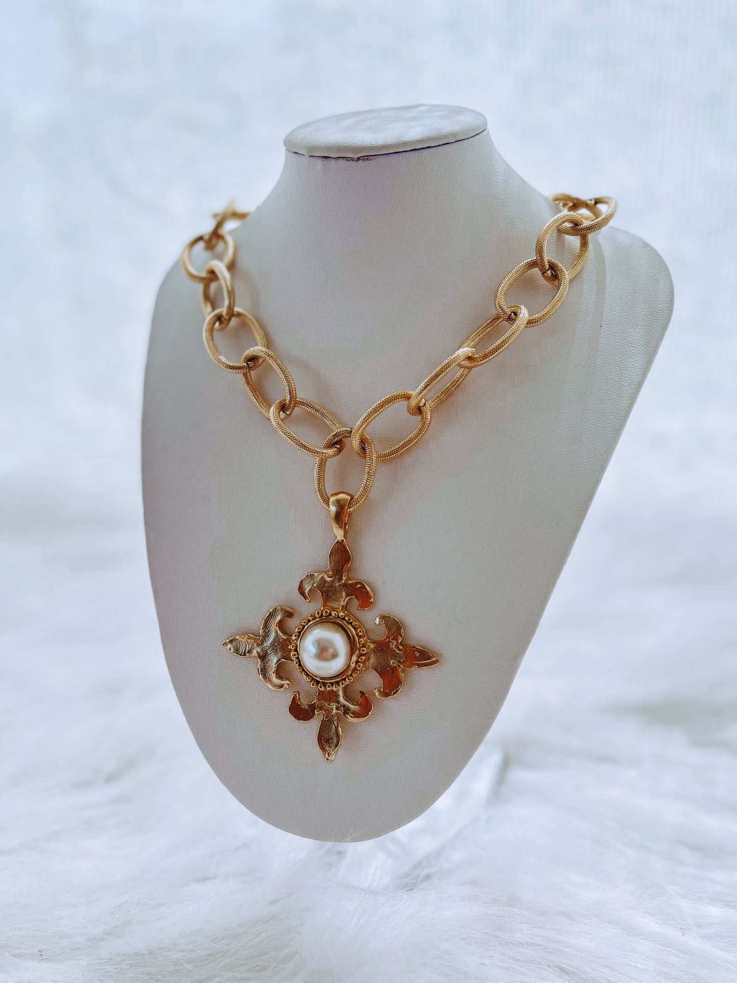 Gold Fleur Cross + Pearl Loop Chain Necklace