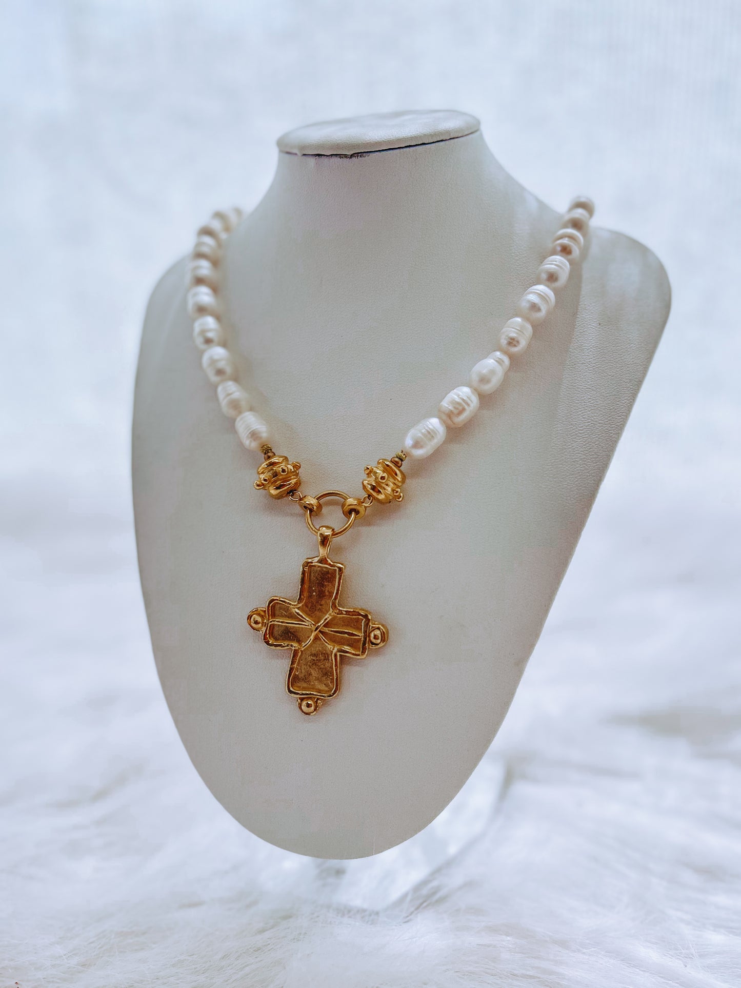 Gold Cross on Freshwater Pearl Necklace