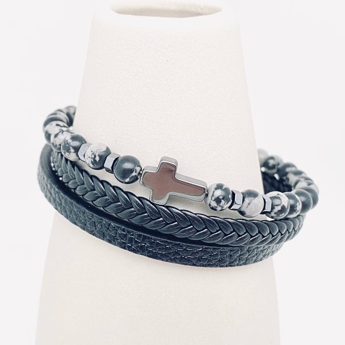 Men’s Natural Stone Beaded Leather Bracelet