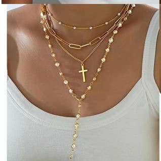 Brette Layered Gold & Pearl Cross Necklace Set