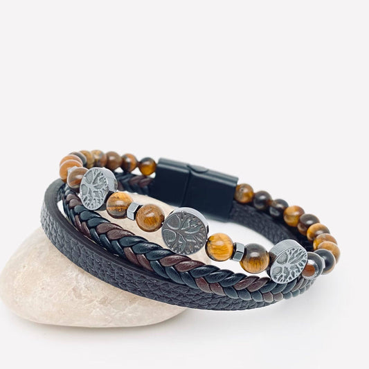 Tiger's Eye Beaded Leather Bracelet