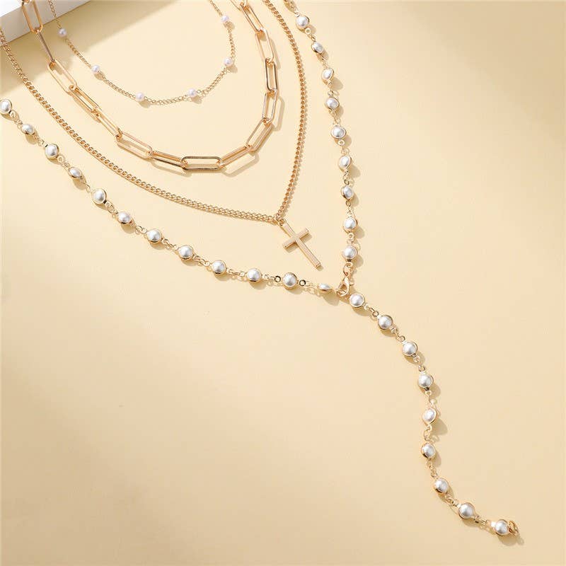 Brette Layered Gold & Pearl Cross Necklace Set