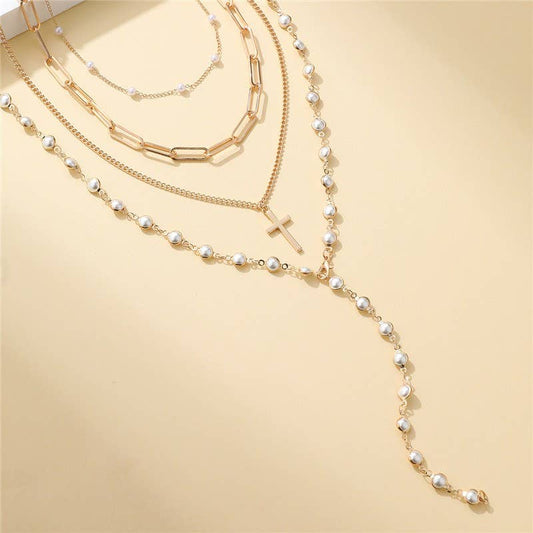 Brette Layered Gold & Pearl Cross Necklace Set